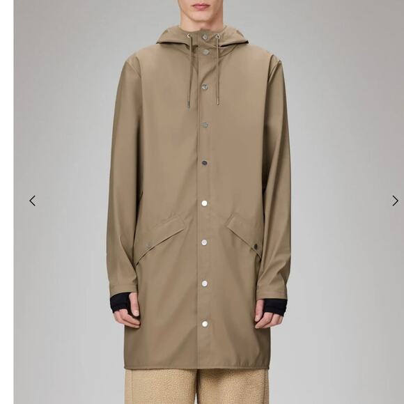 Rains Sz M Unisex Long Rain Jacket Tan Hood Pockets Minimalist Breathable Chic - Picture 1 of 16